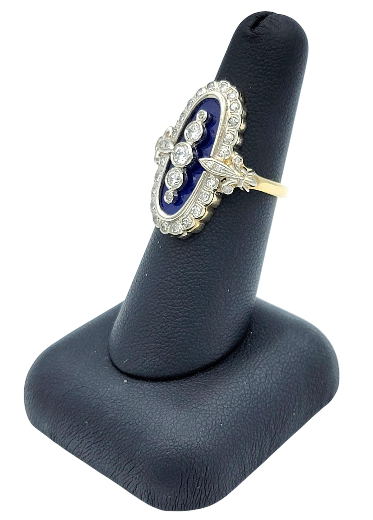Vintage Navette-Cocktailring aus 14 Karat Gold mit Diamanten und blauem Glas in zweifarbigem Diamanten im Angebot 6