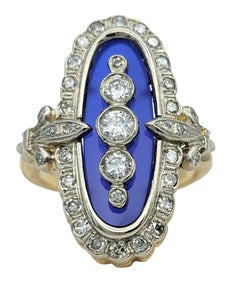 Vintage Diamond and Blue Glass Navette Cocktail Ring in Two-Tone 14 Karat Gold