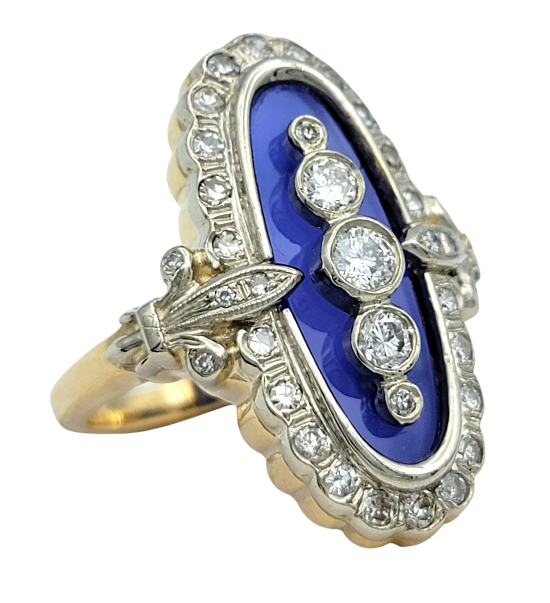 Vintage Navette-Cocktailring aus 14 Karat Gold mit Diamanten und blauem Glas in zweifarbigem Diamanten (Zeitgenössisch) im Angebot