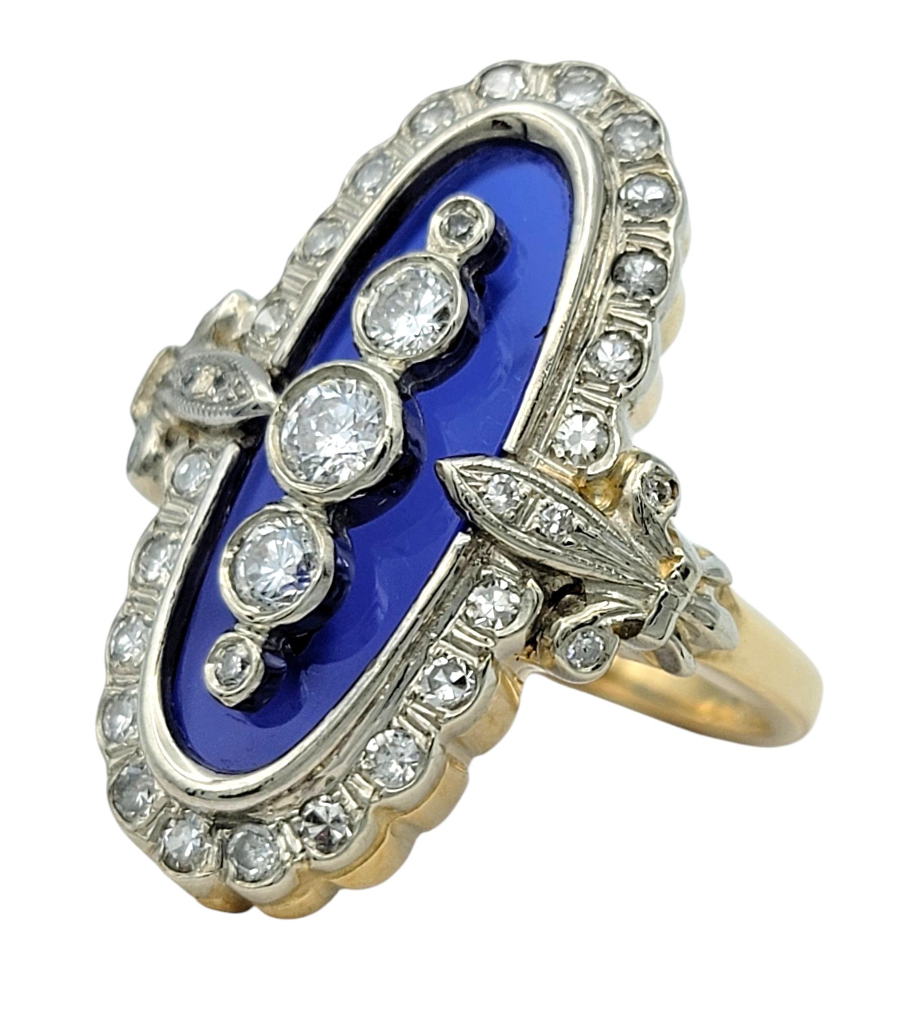 Vintage Navette-Cocktailring aus 14 Karat Gold mit Diamanten und blauem Glas in zweifarbigem Diamanten (Rundschliff) im Angebot