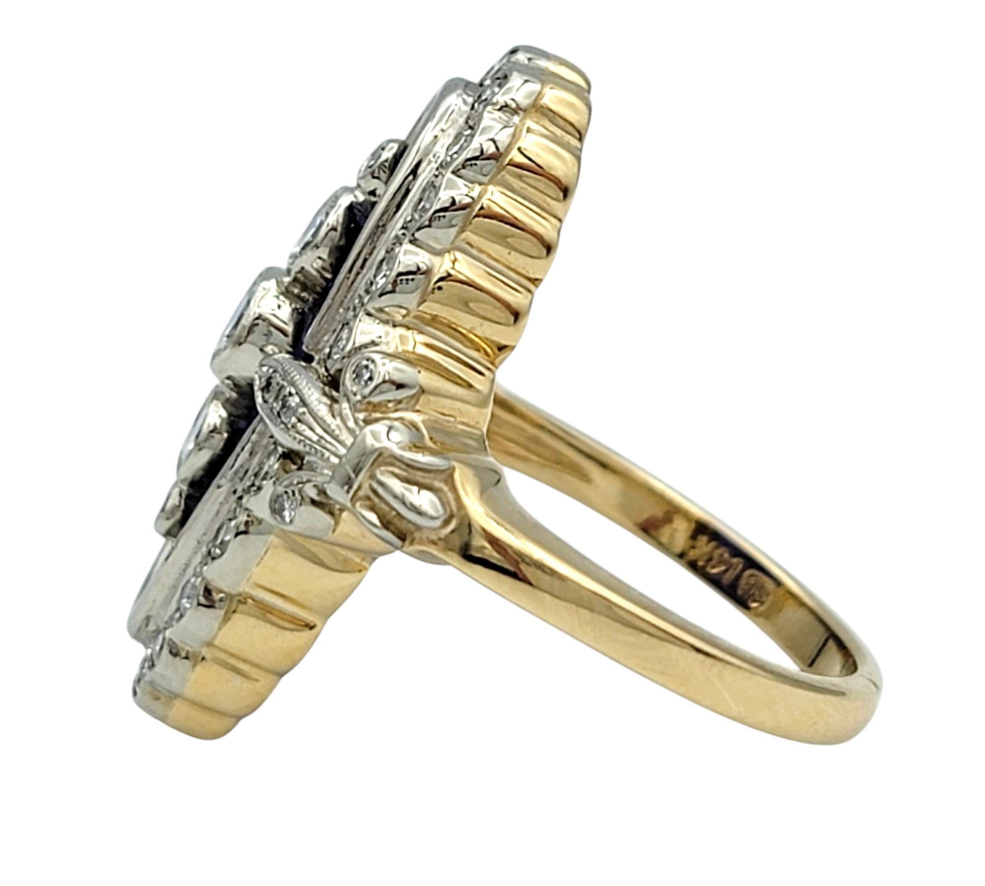 Vintage Navette-Cocktailring aus 14 Karat Gold mit Diamanten und blauem Glas in zweifarbigem Diamanten im Zustand „Gut“ im Angebot in Scottsdale, AZ