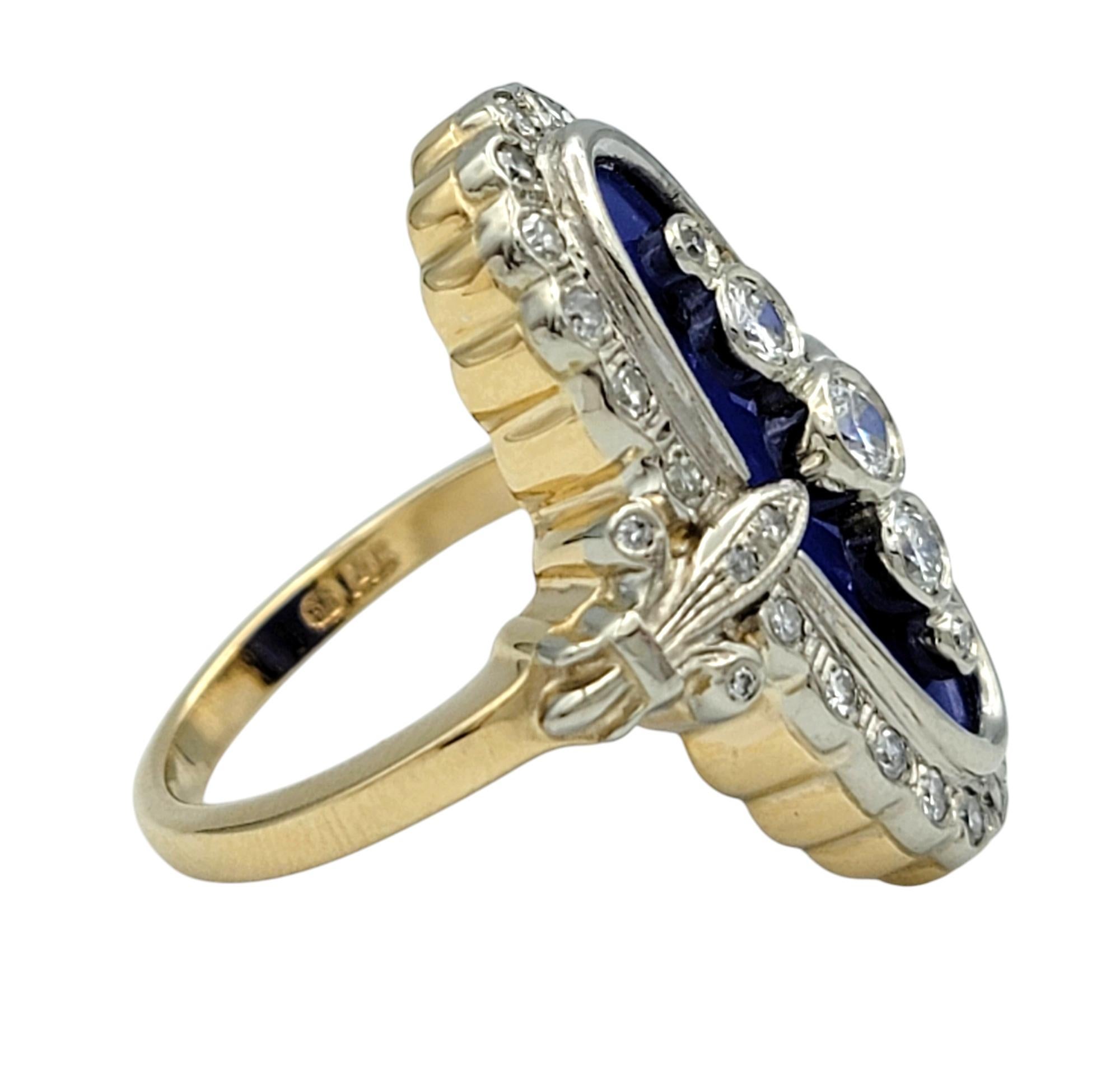 Vintage Navette-Cocktailring aus 14 Karat Gold mit Diamanten und blauem Glas in zweifarbigem Diamanten im Angebot 1