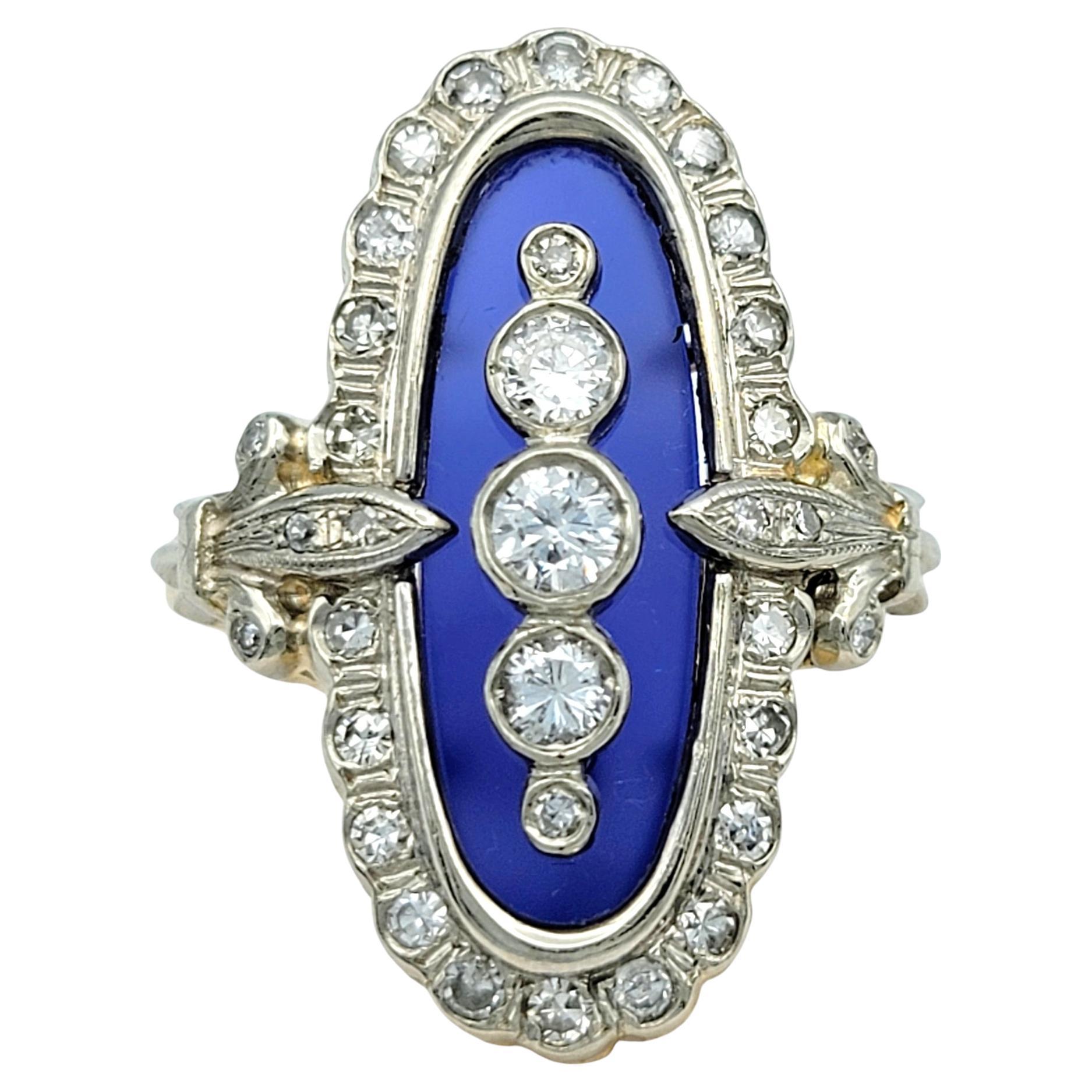 Anello da cocktail vintage con diamanti e navette in vetro blu in oro bicolore 14 carati