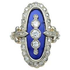 Vintage Navette-Cocktailring aus 14 Karat Gold mit Diamanten und blauem Glas in zweifarbigem Diamanten