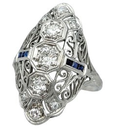 Vintage Diamond and Blue Sapphire Navette Style Cocktail Ring in Platinum
