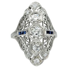 Vintage Diamond and Blue Sapphire Navette Style Cocktail Ring in Platinum
