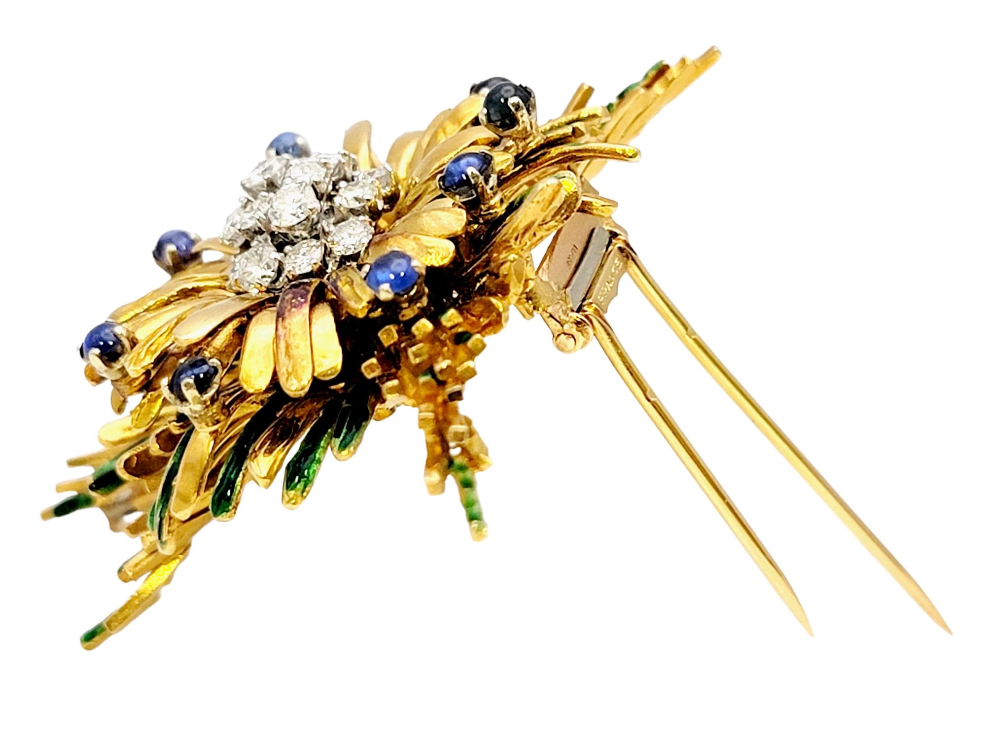 Vintage Diamond and Cabochon Sapphire Spray Brooch in 18 Karat Gold and Enamel  For Sale 4