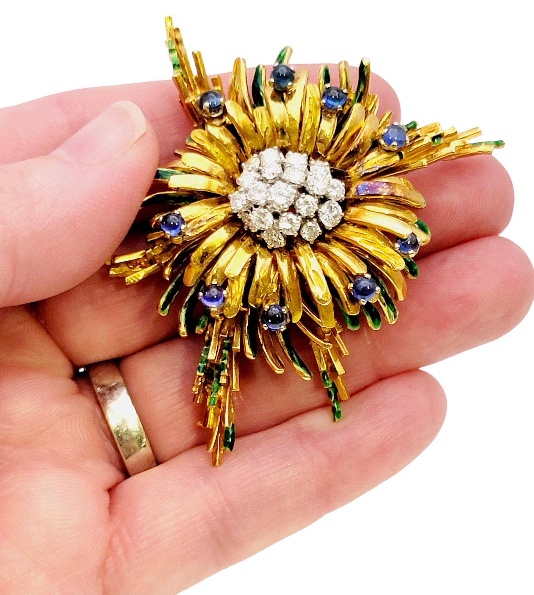 Vintage Diamond and Cabochon Sapphire Spray Brooch in 18 Karat Gold and Enamel  For Sale 8