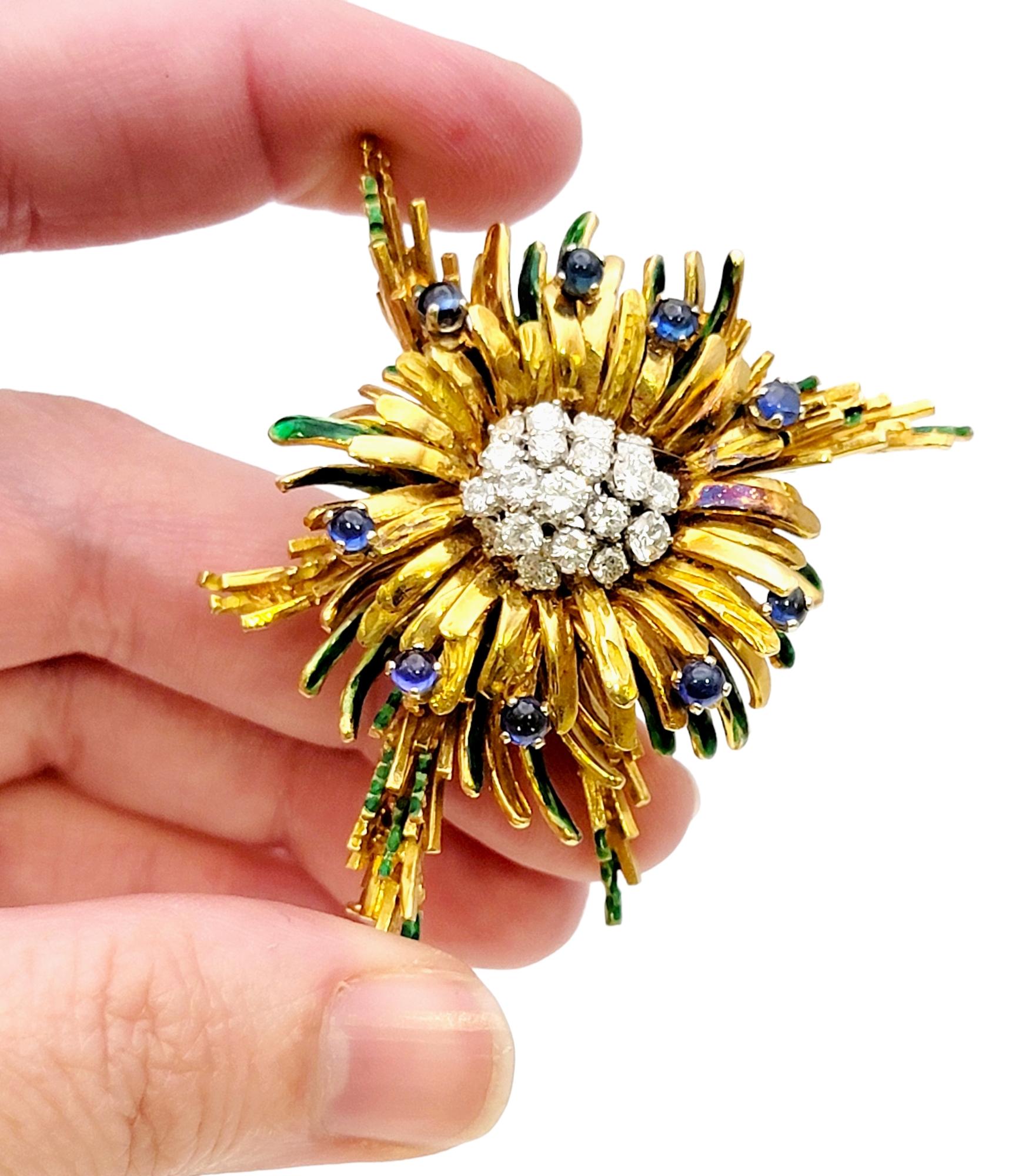 Vintage Diamond and Cabochon Sapphire Spray Brooch in 18 Karat Gold and Enamel  For Sale 9