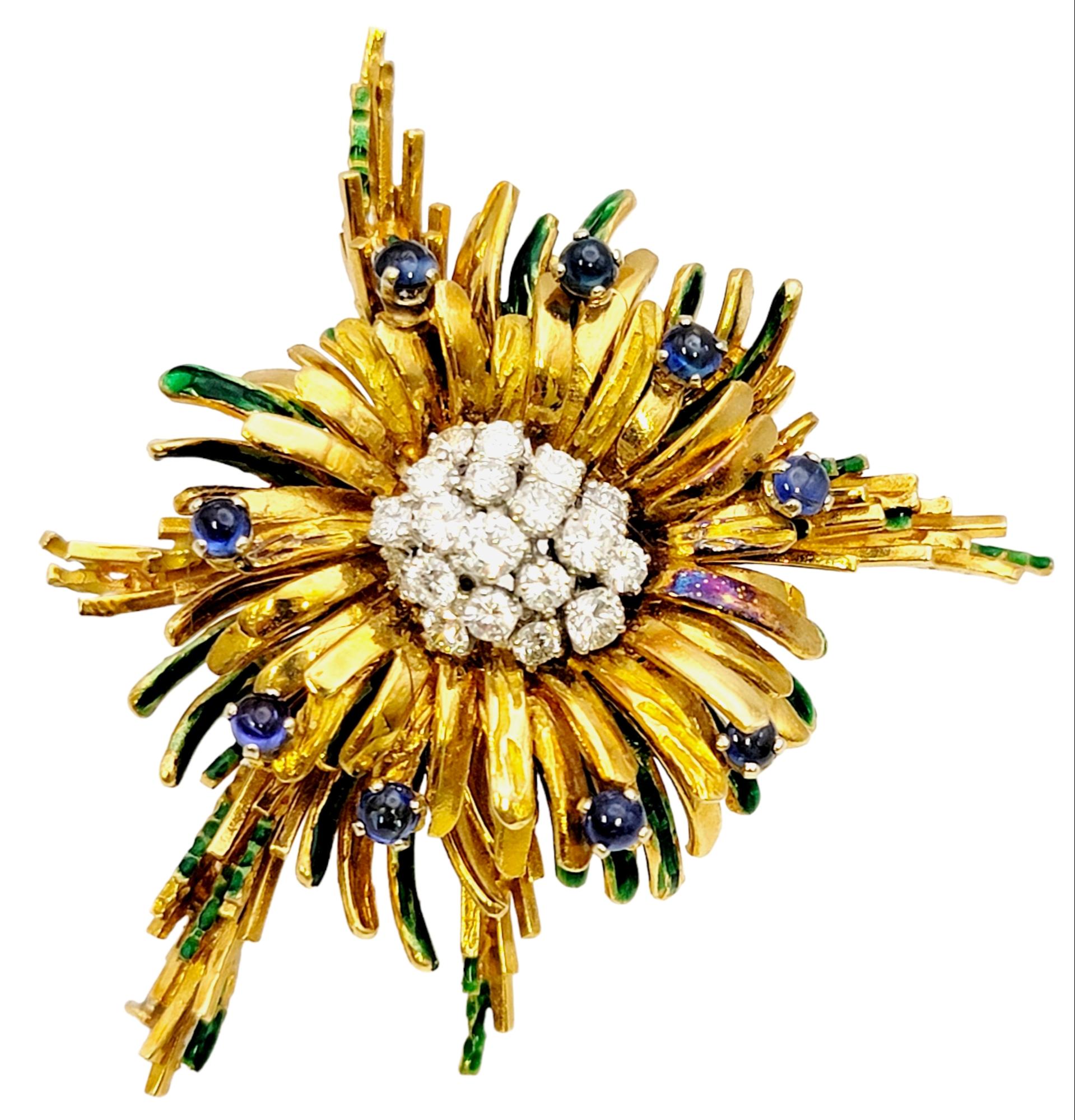 Introducing a truly exceptional vintage spray brooch that effortlessly combines timeless elegance with artistic flair. This exquisite piece showcases a captivating design adorned with brilliant diamonds, rich cabochon sapphires, and accents of