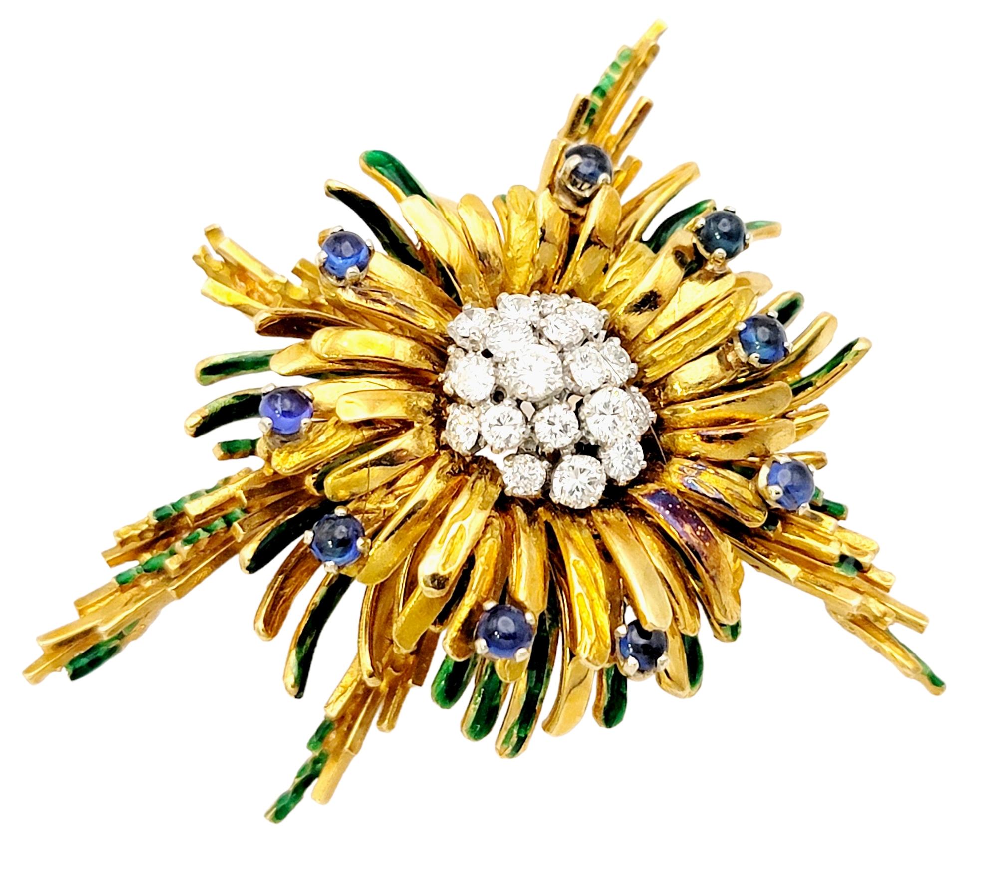 Contemporary Vintage Diamond and Cabochon Sapphire Spray Brooch in 18 Karat Gold and Enamel  For Sale