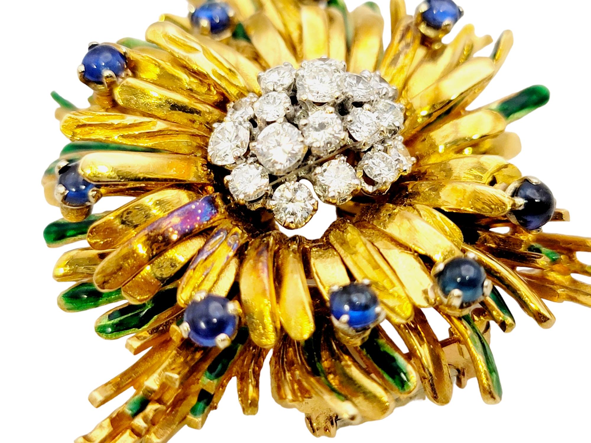 Round Cut Vintage Diamond and Cabochon Sapphire Spray Brooch in 18 Karat Gold and Enamel For Sale