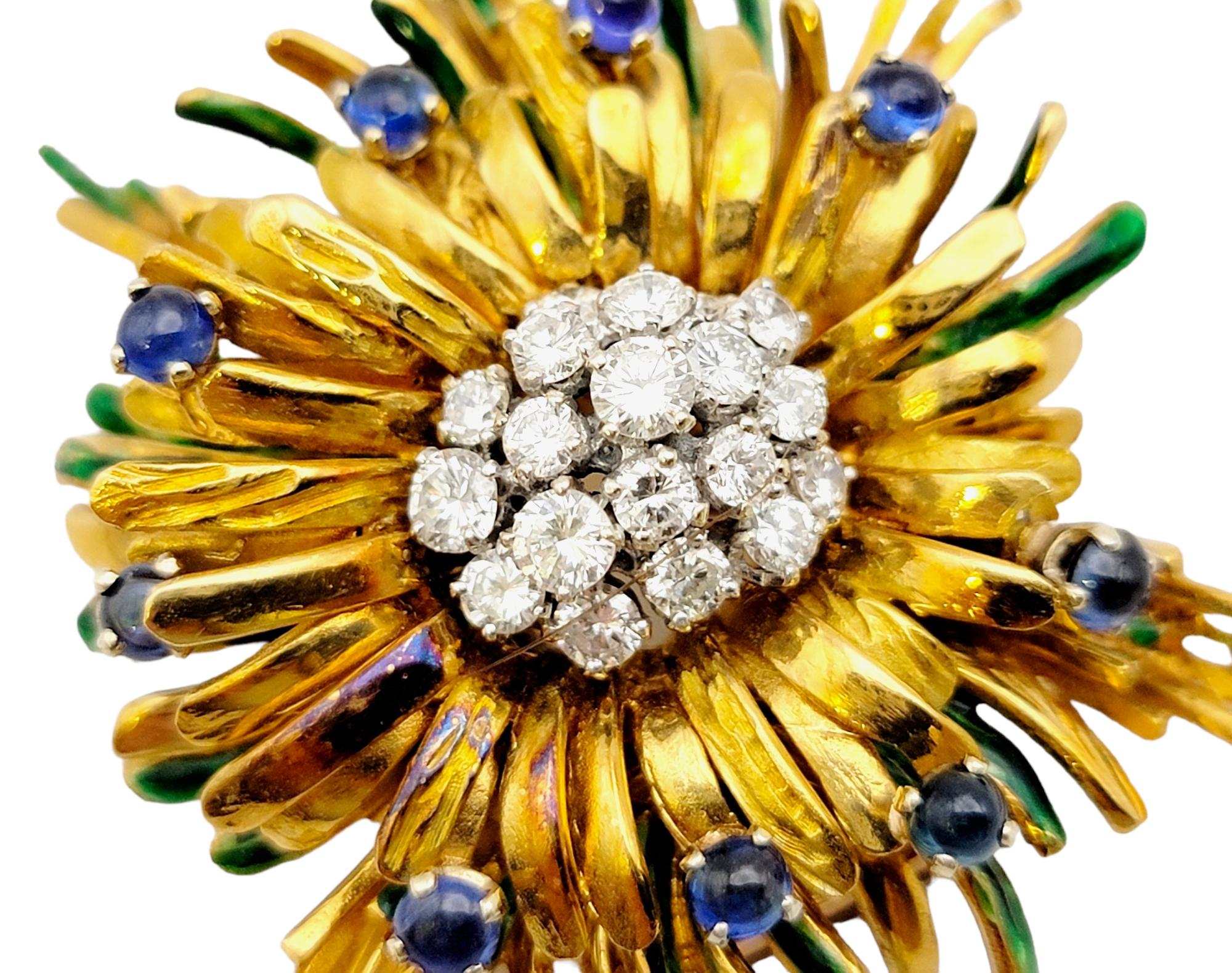 Vintage Diamond and Cabochon Sapphire Spray Brooch in 18 Karat Gold and Enamel  In Good Condition For Sale In Scottsdale, AZ