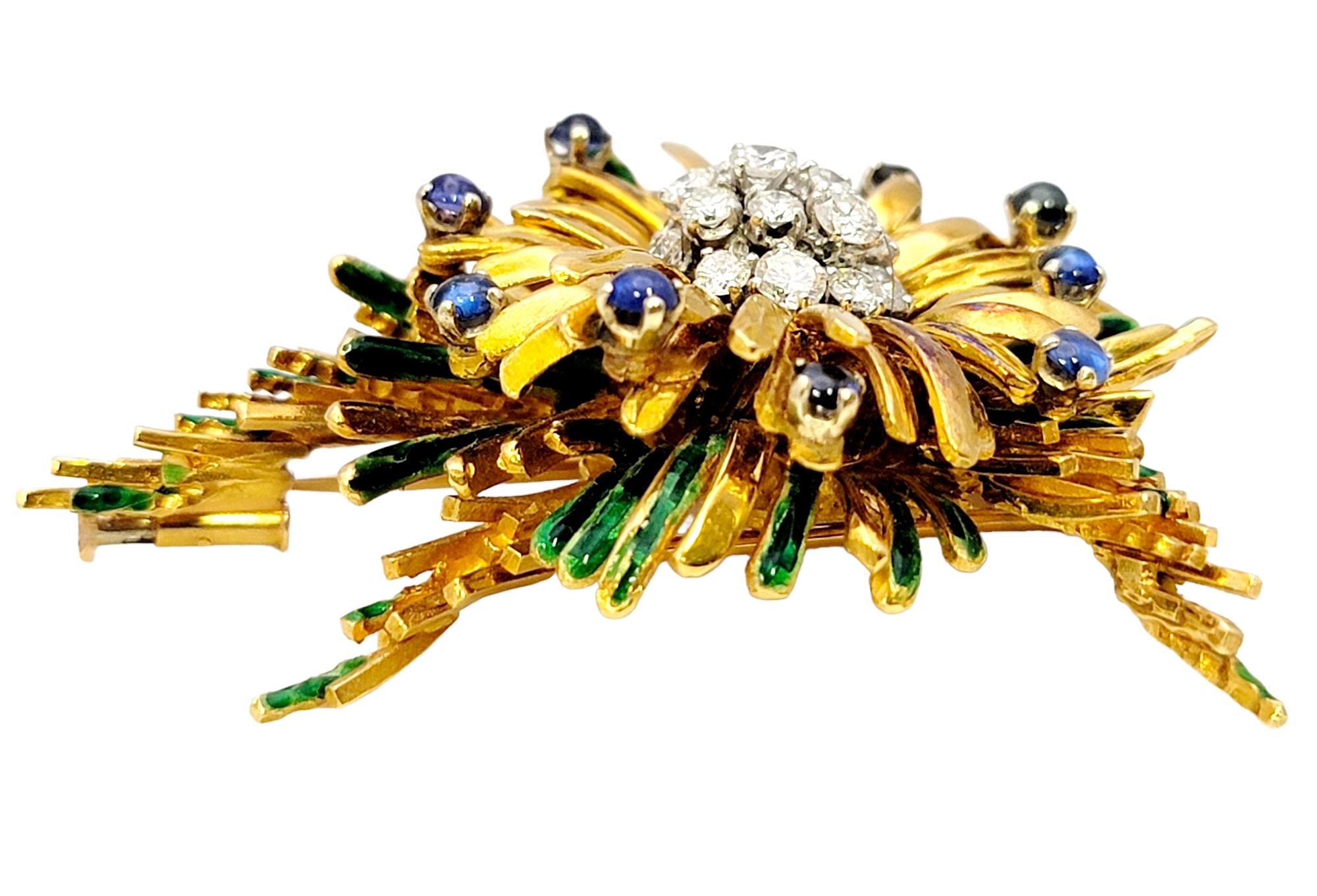 Vintage Diamond and Cabochon Sapphire Spray Brooch in 18 Karat Gold and Enamel  For Sale 1