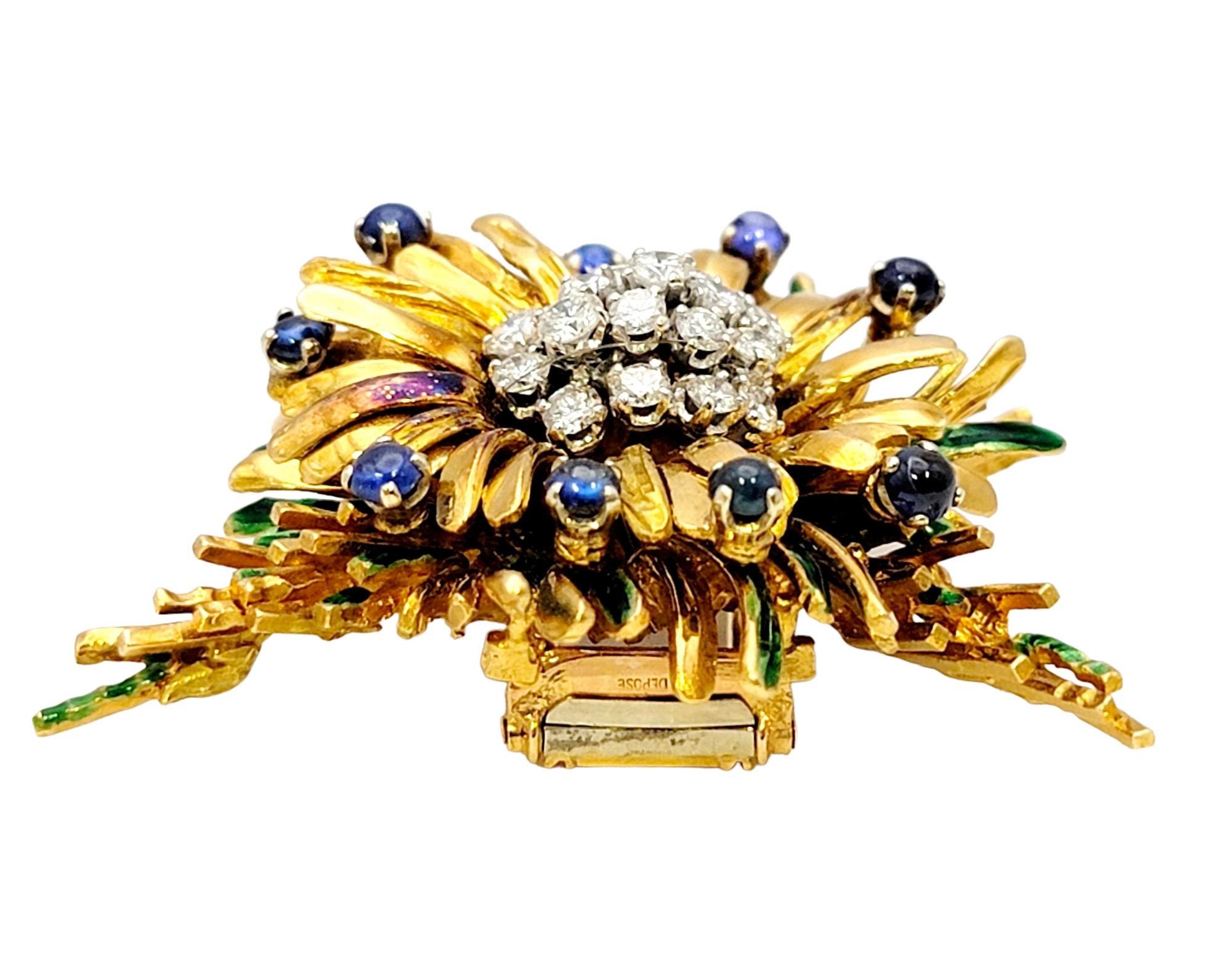Vintage Diamond and Cabochon Sapphire Spray Brooch in 18 Karat Gold and Enamel  For Sale 2