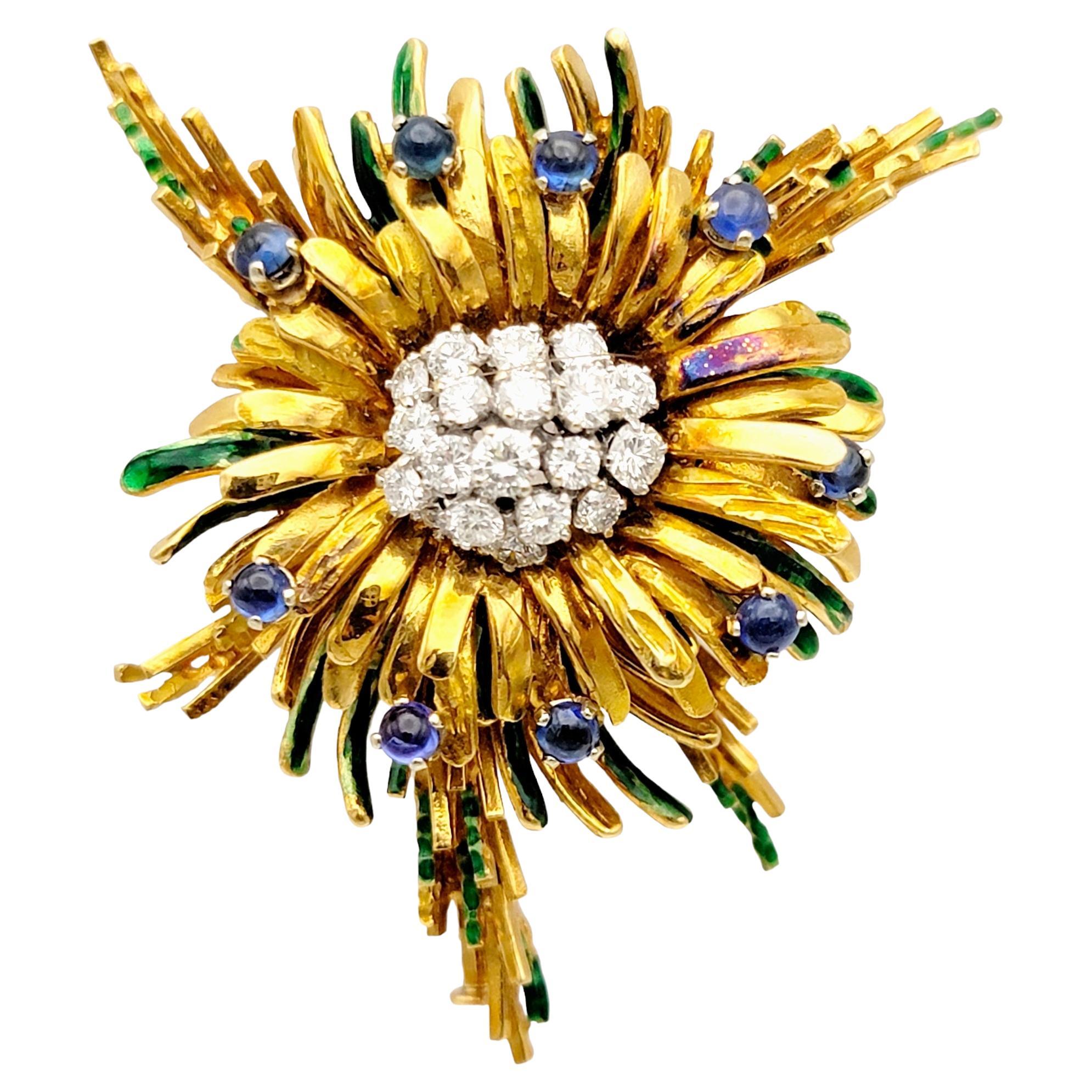 Vintage Diamond and Cabochon Sapphire Spray Brooch in 18 Karat Gold and Enamel  For Sale