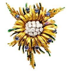 Vintage Diamond and Cabochon Sapphire Spray Brooch in 18 Karat Gold and Enamel 