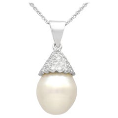 Vintage Diamond and Cultured Pearl 18k White Gold Pendant
