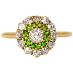  Antique Diamond and Demantoid Garnet 18 Karat Gold Cluster Ring