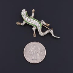 Vintage Diamond and Demantoid Garnet Lizard Brooch of 14k Gold