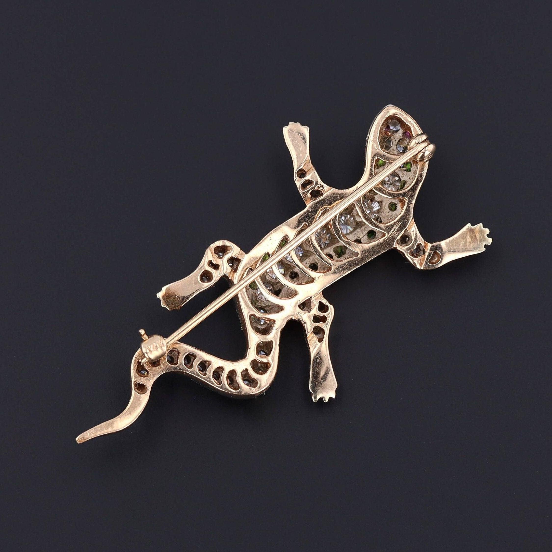 Old European Cut Vintage Diamond and Demantoid Garnet Lizard Brooch of 14k Gold For Sale
