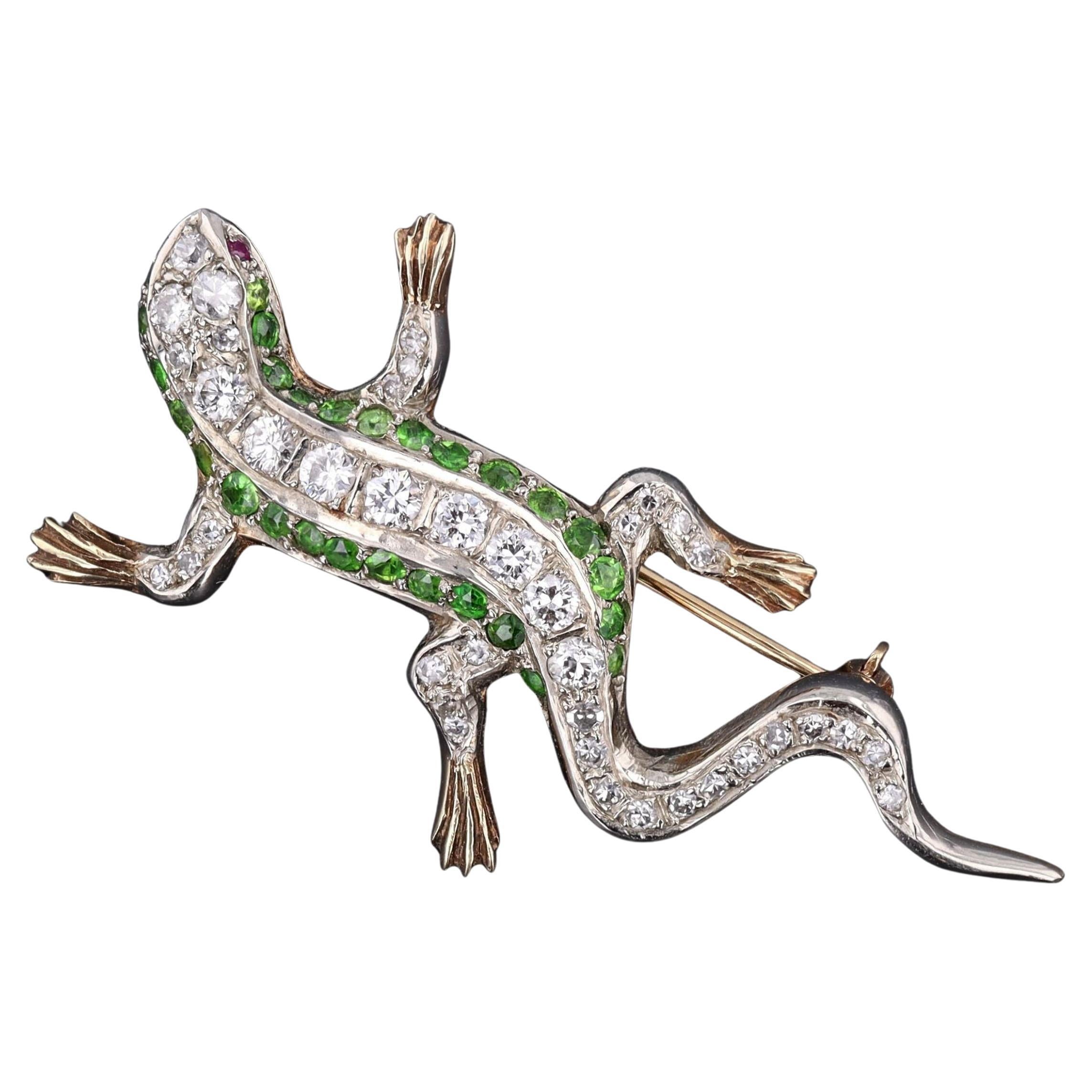 Spilla lucertola in oro 14k con diamante e granato demantoide d'epoca