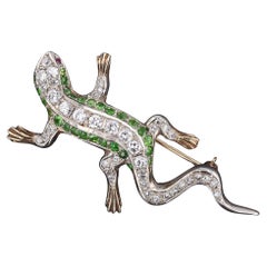 Vintage Diamond and Demantoid Garnet Lizard Brooch of 14k Gold