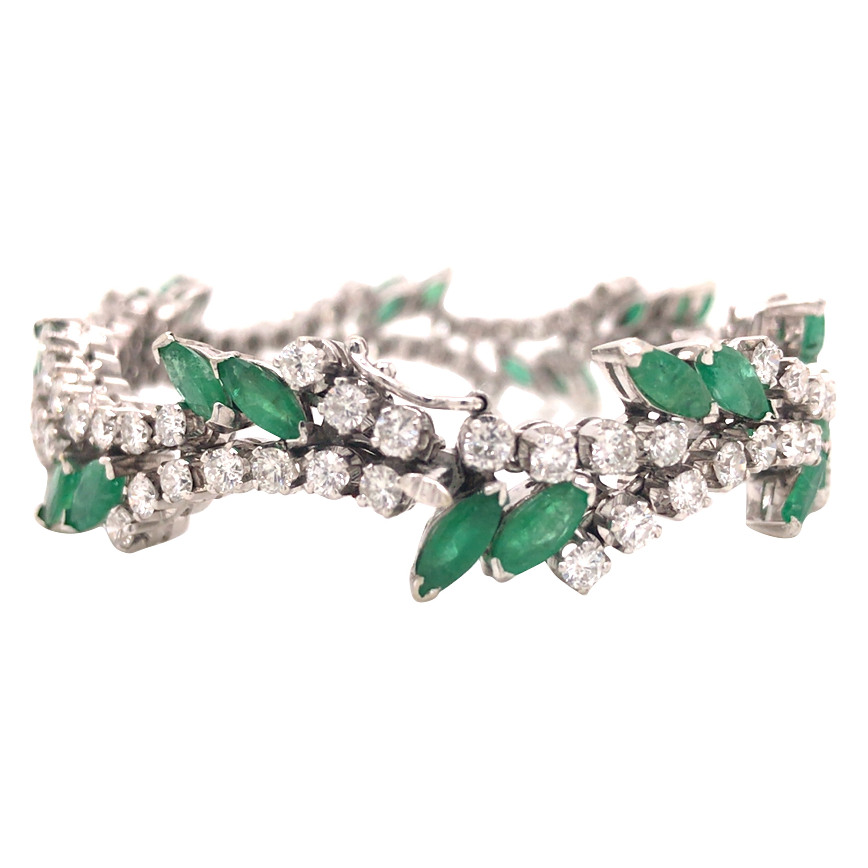 Vintage Diamond and Emerald Bracelet in 12K White Gold For Sale