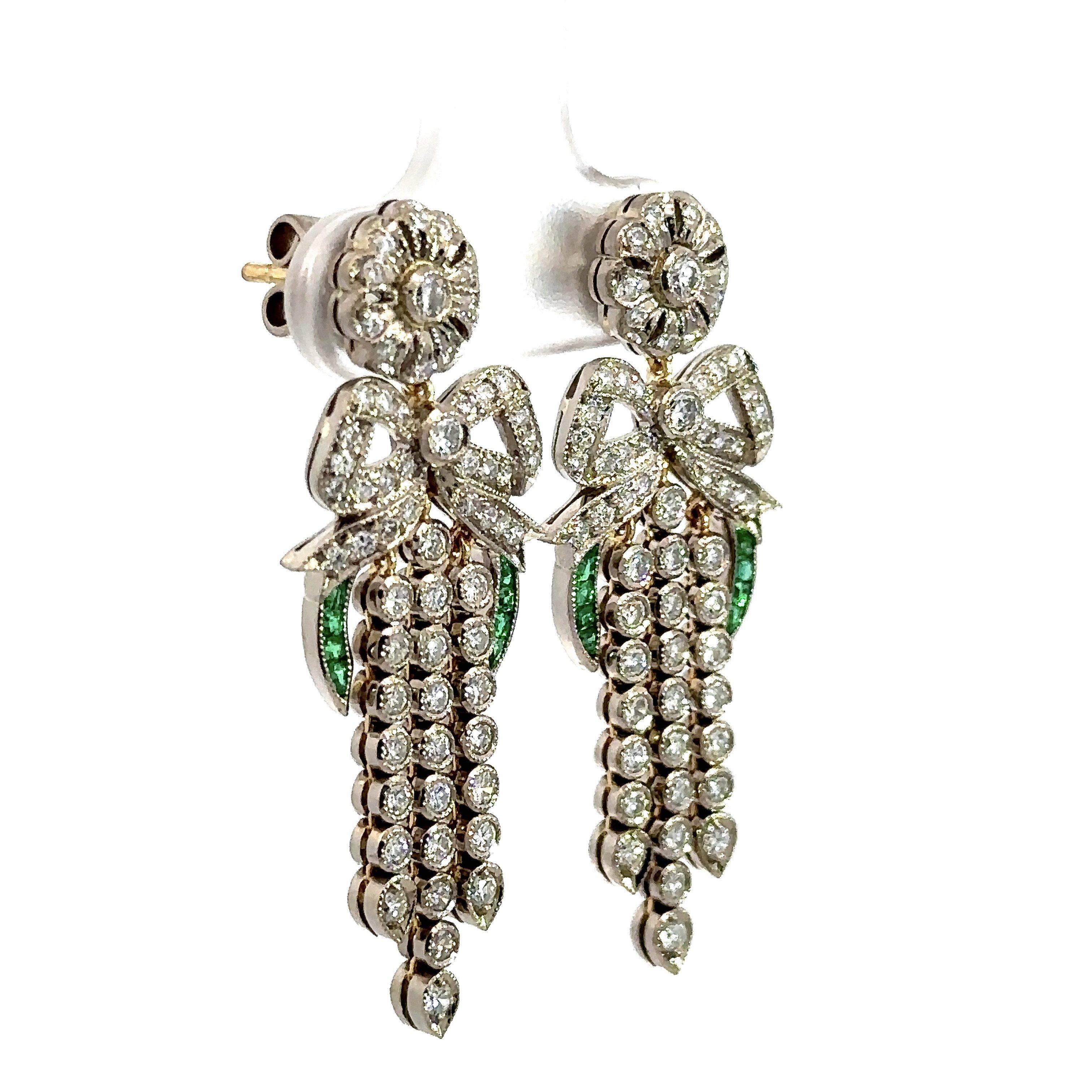 Round Cut Vintage Diamond and Emerald Chandelier Earrings For Sale