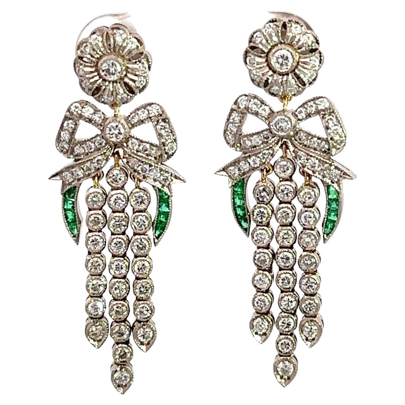 Vintage Diamond and Emerald Chandelier Earrings For Sale