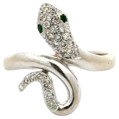Vintage Diamond and Emerald Eyes Serpent Snake Gold Ring