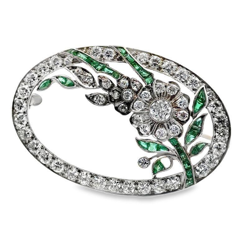 Round Cut Vintage Diamond and Emerald Flower Brooch