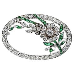 Vintage Diamond and Emerald Flower Brooch