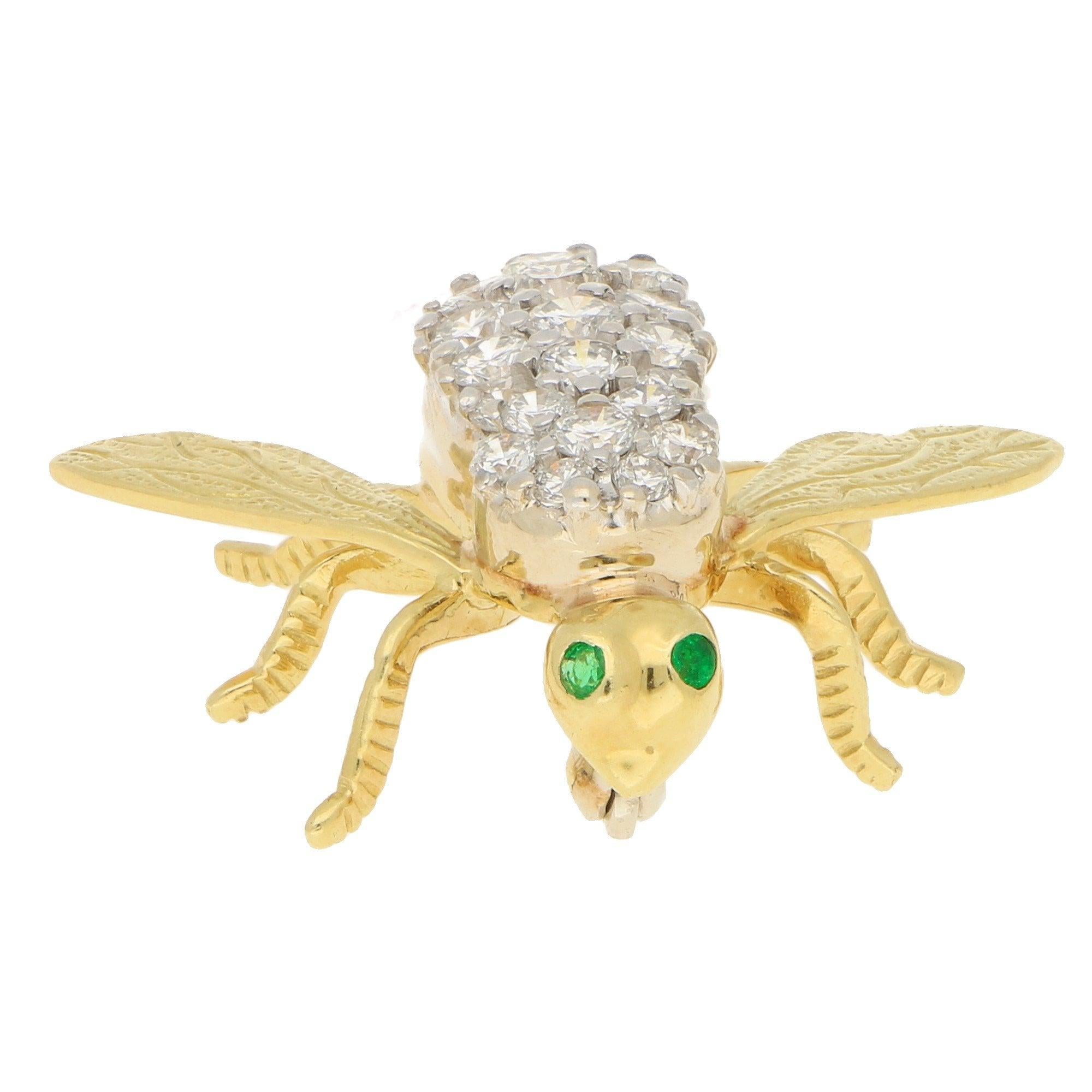 Round Cut Vintage Diamond and Emerald Insect Brooch Set in 18k Yellow and White Gold For Sale