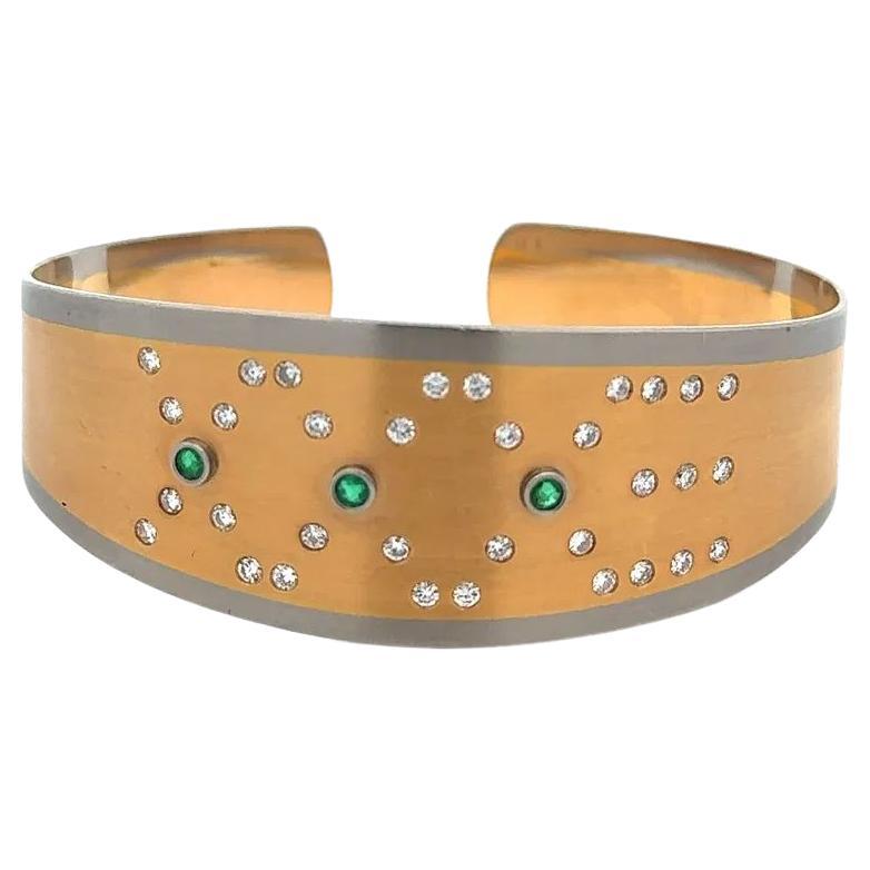 Vintage Diamond and Emerald Gold and Palladium Statement Cuff Bracelet