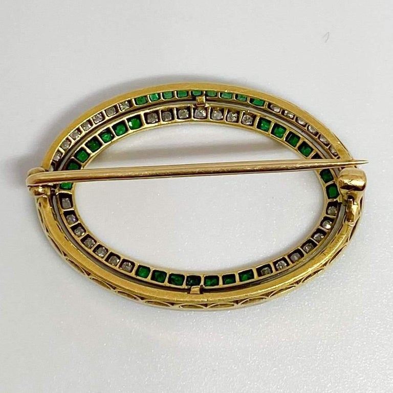 Art Deco Vintage Diamond and Emerald Oval Brooch 18ky & Platinum For Sale