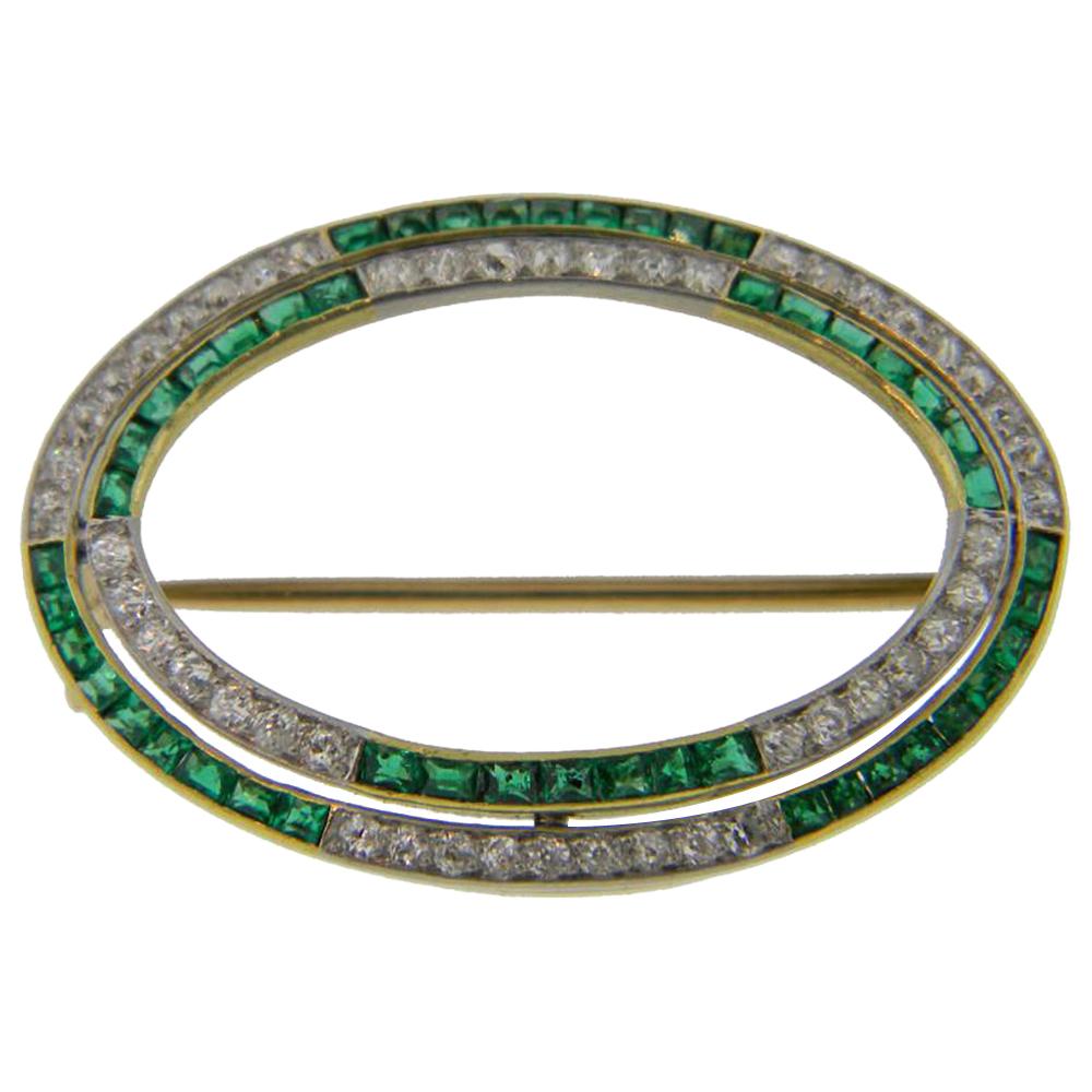 Vintage Diamond and Emerald Oval Brooch 18ky & Platinum