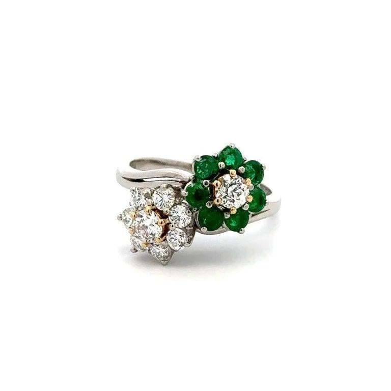Round Cut Vintage Diamond and Emerald Platinum Bypass Ring For Sale