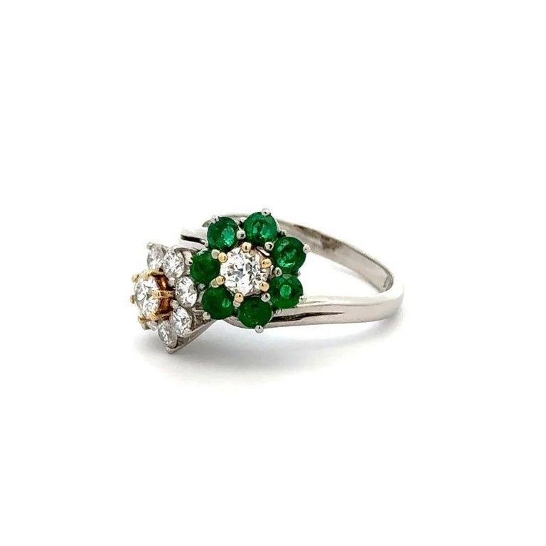 Women's Vintage Diamond and Emerald Platinum Bypass Ring For Sale
