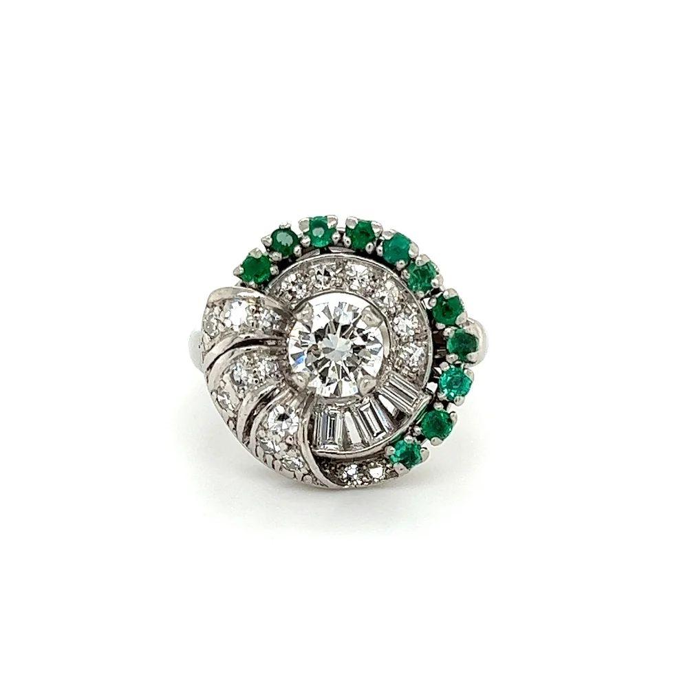 Mixed Cut Vintage Diamond and Emerald Platinum Retro Cocktail Ring For Sale