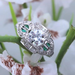 Antique Diamond and Emerald Ring Old European Cuts 1.50 Carat