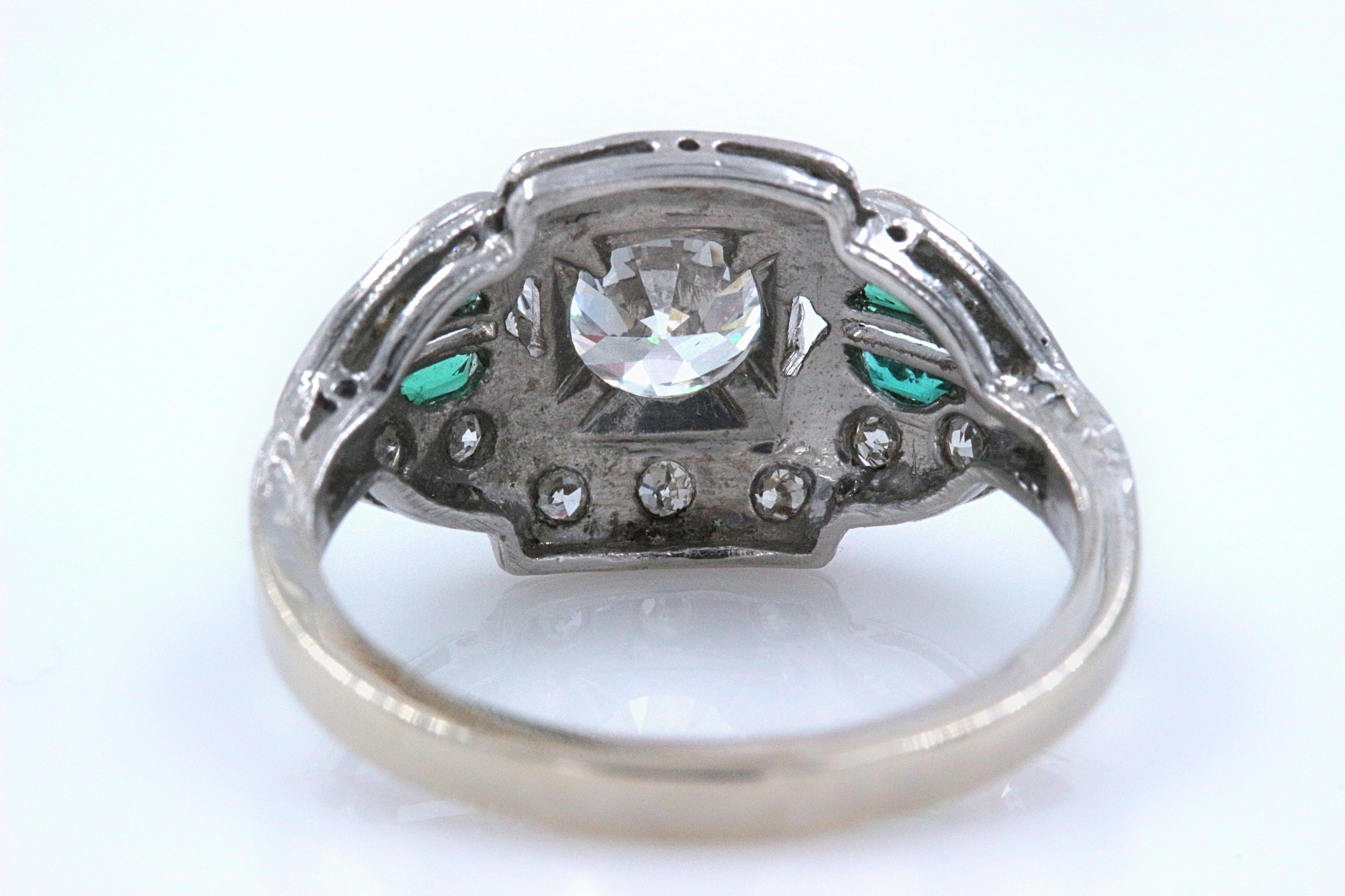 Art Deco Antique Diamond and Emerald Ring Old European Cuts 1.50 Carat For Sale