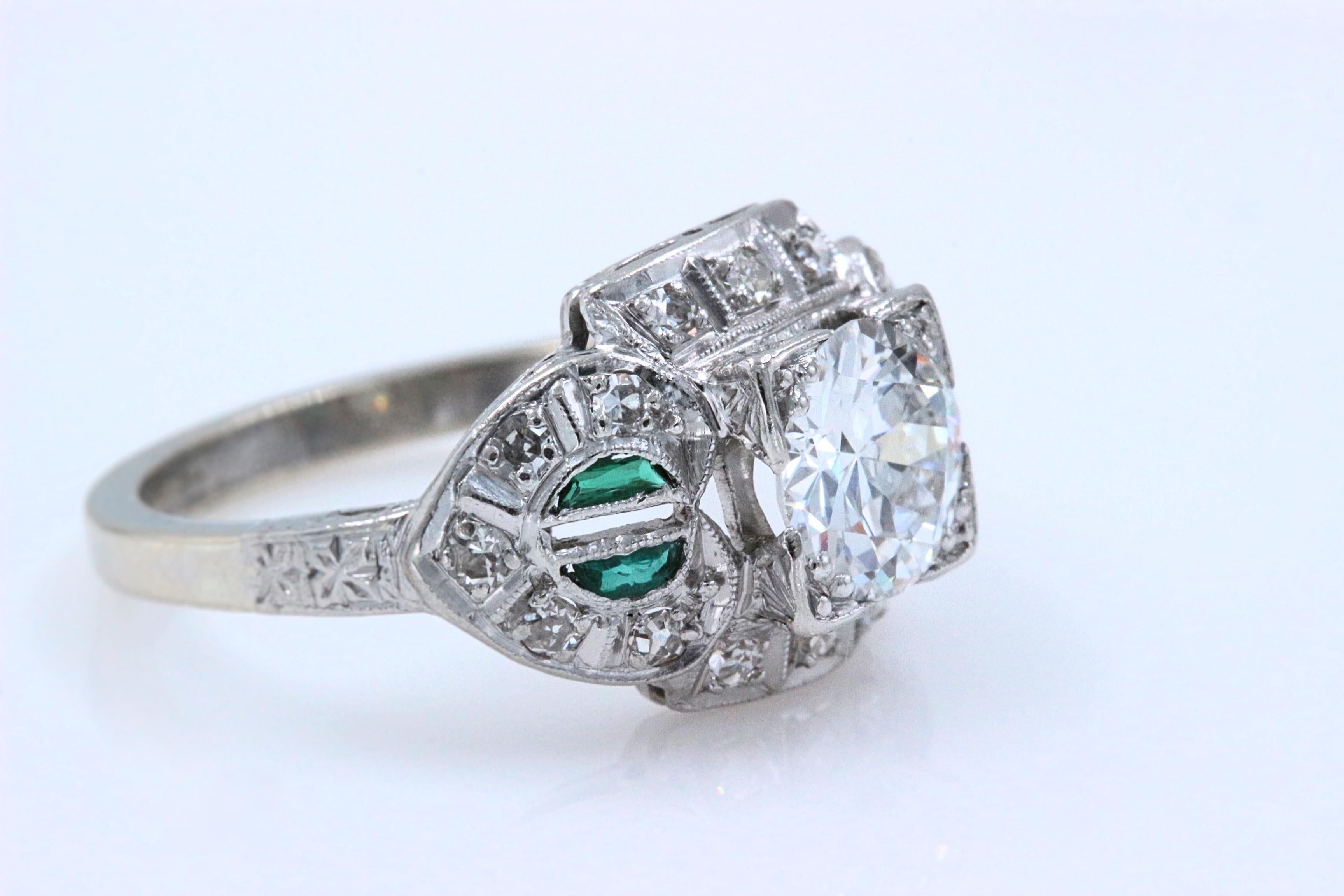 Antique Diamond and Emerald Ring Old European Cuts 1.50 Carat In Good Condition For Sale In San Diego, CA