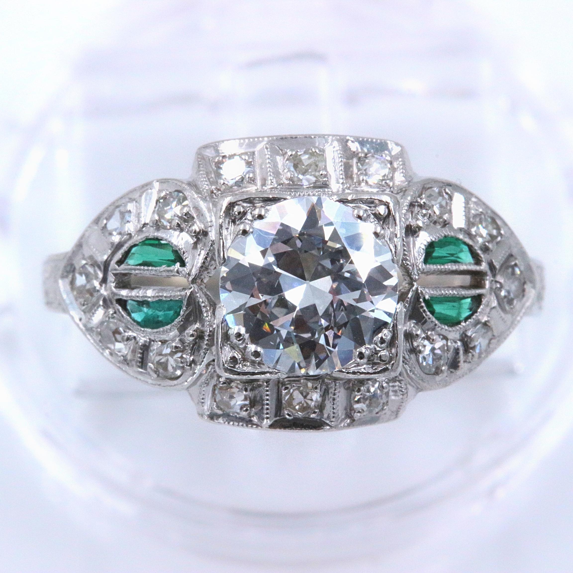 Women's Antique Diamond and Emerald Ring Old European Cuts 1.50 Carat For Sale