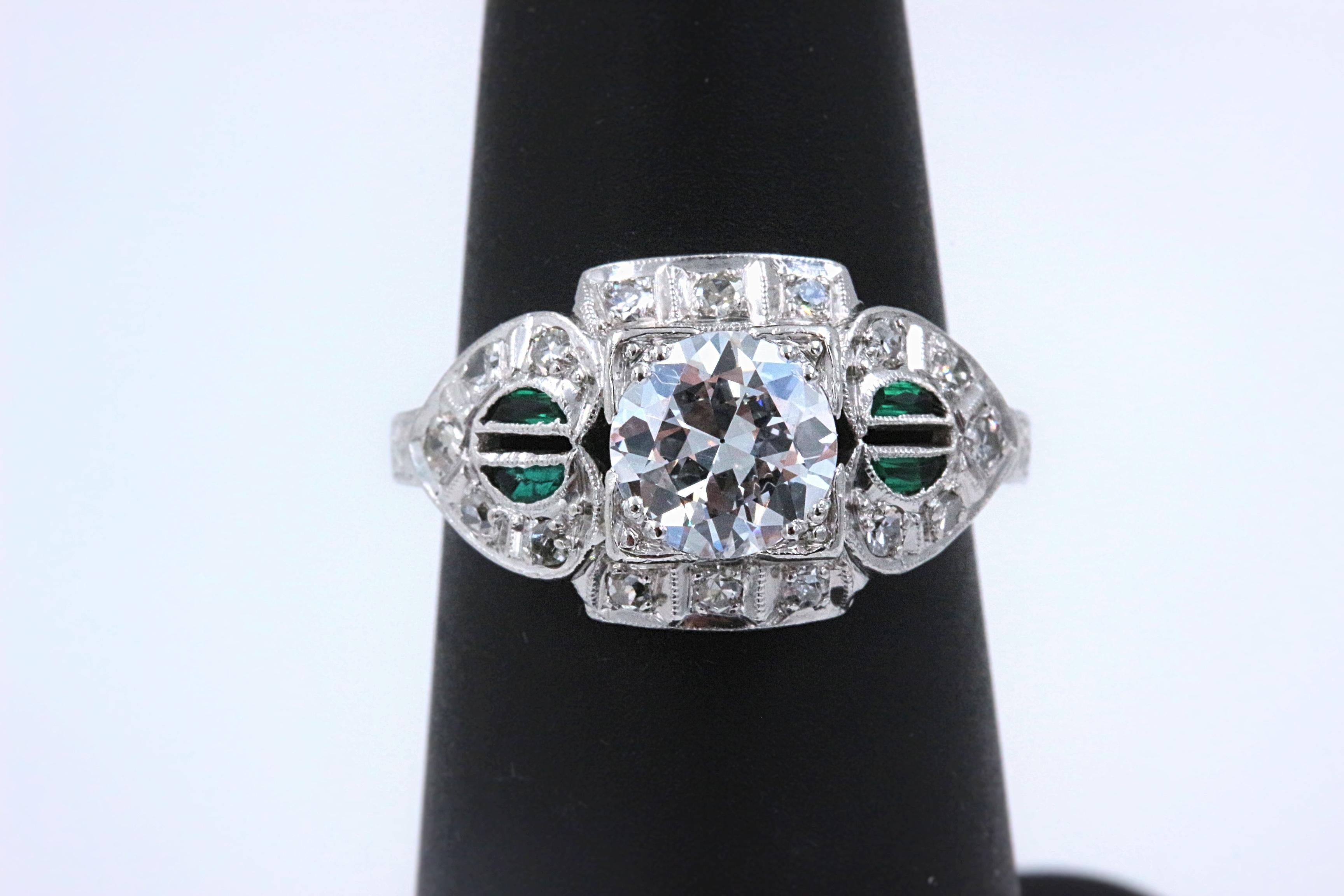 Antique Diamond and Emerald Ring Old European Cuts 1.50 Carat For Sale 1