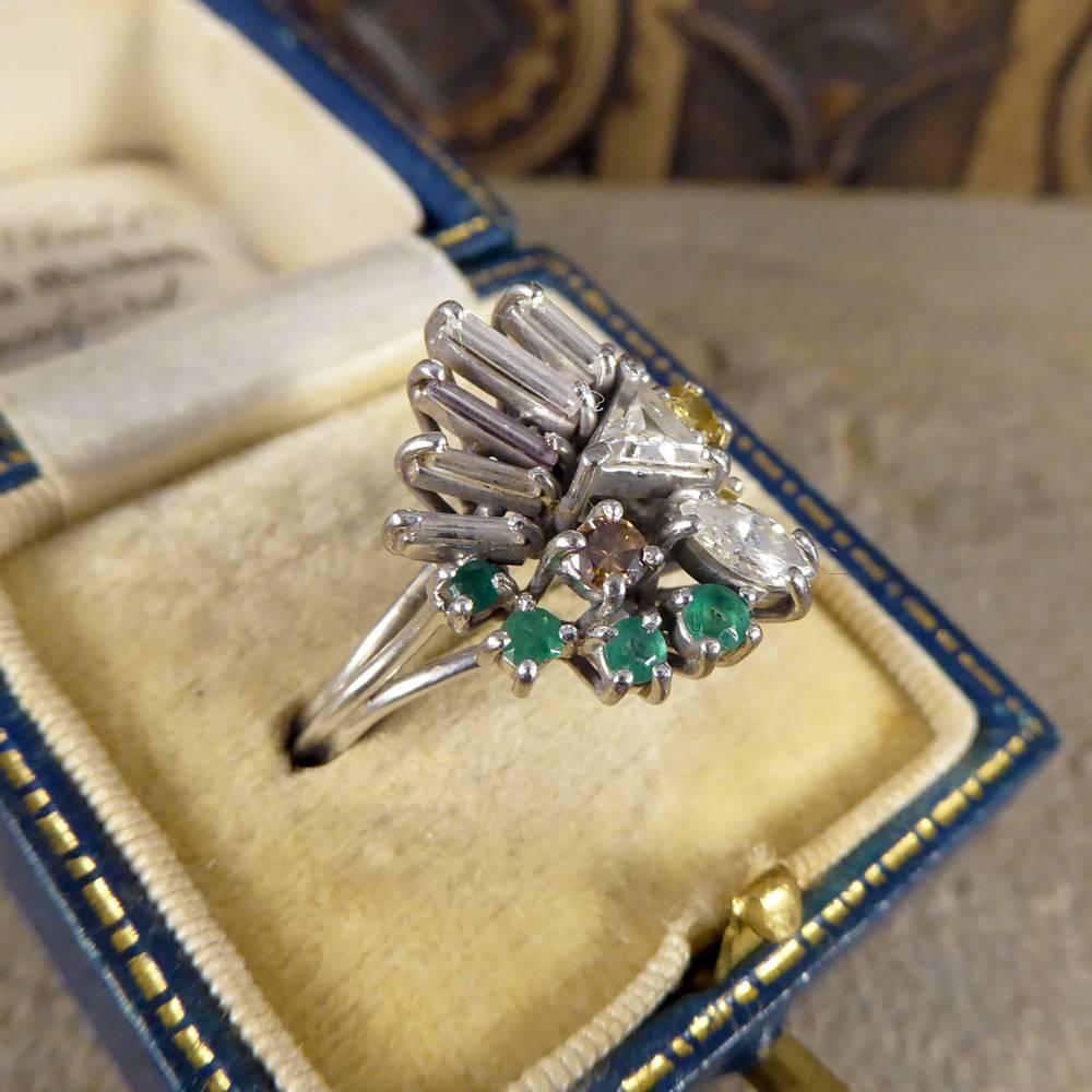 Vintage Diamond and Emerald Statement Ring in 18 Carat White Gold 4