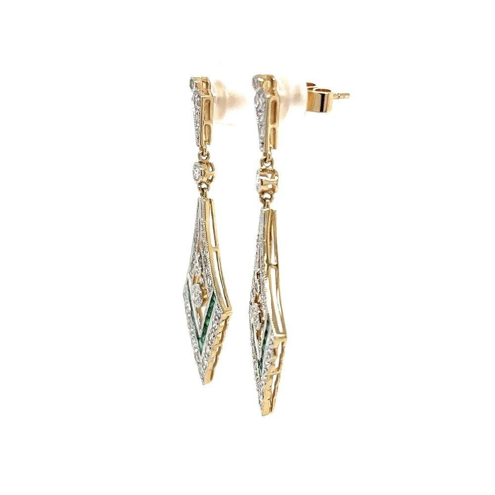 Mixed Cut Vintage Diamond and Emerald V Drop Gold Earrings For Sale