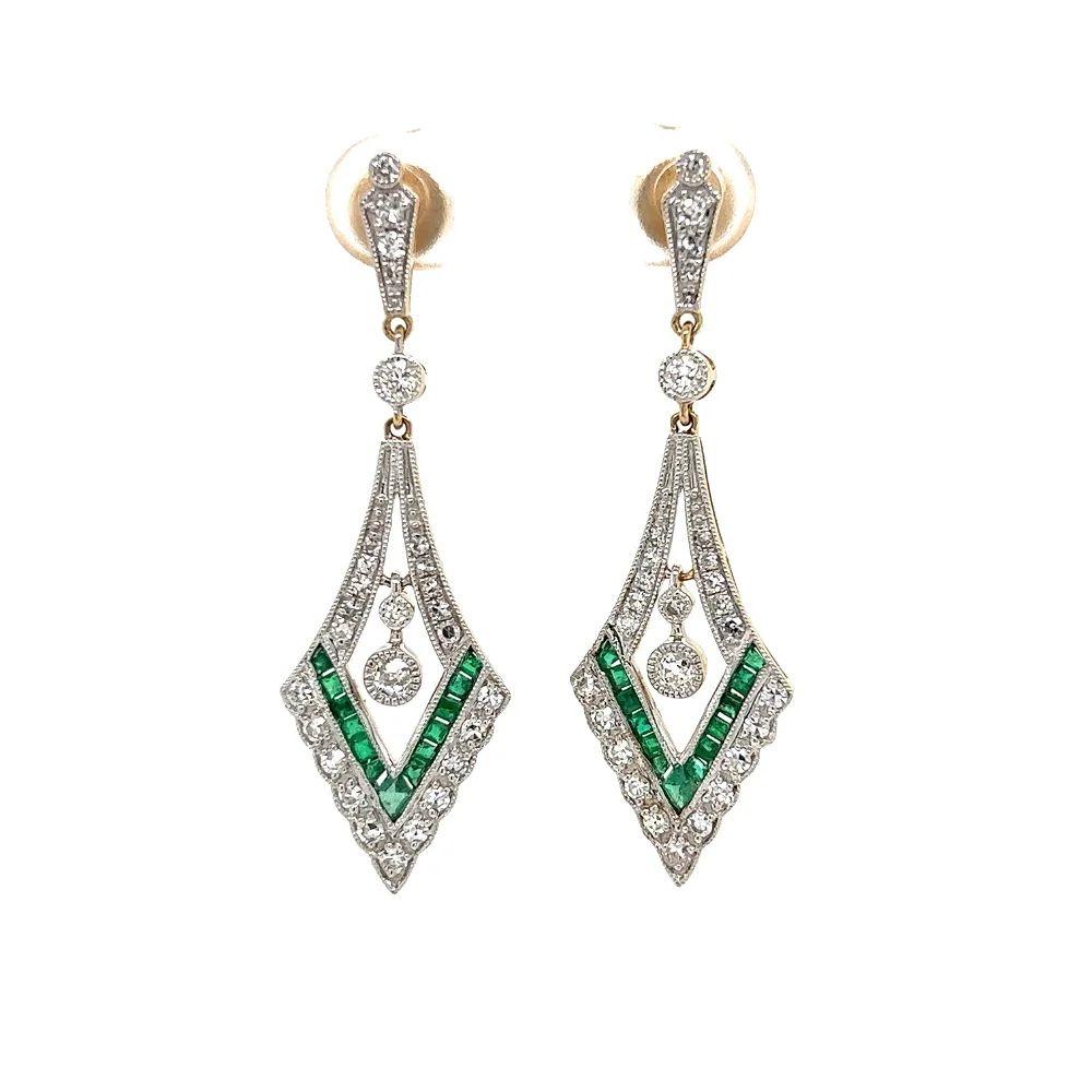Women's Vintage Diamond and Emerald V Drop Gold Earrings For Sale