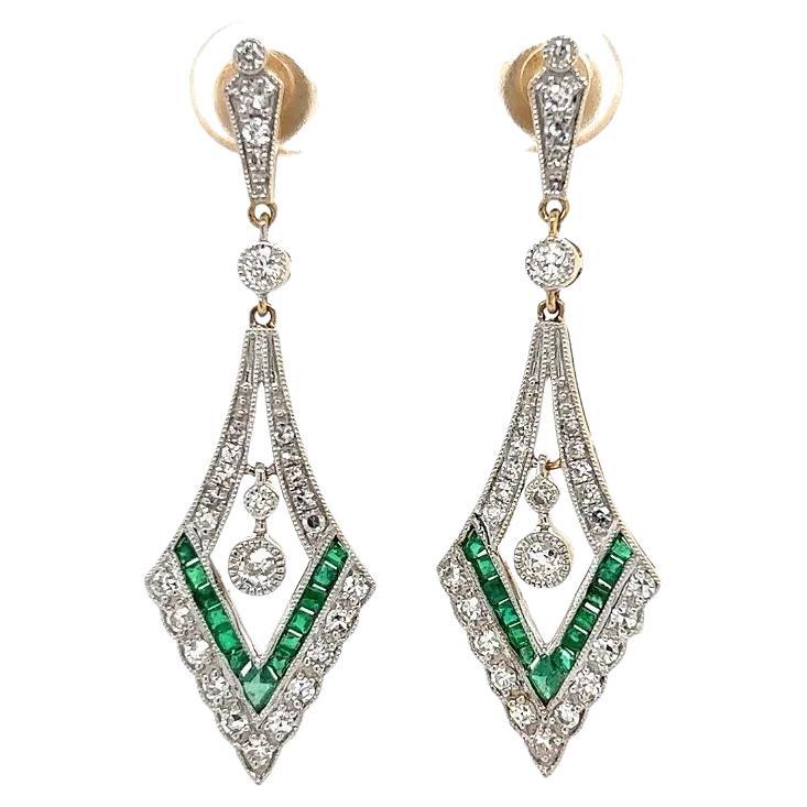 Vintage Diamond and Emerald V Drop Gold Earrings For Sale