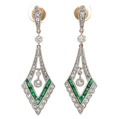 Vintage Diamond and Emerald V Drop Gold Earrings